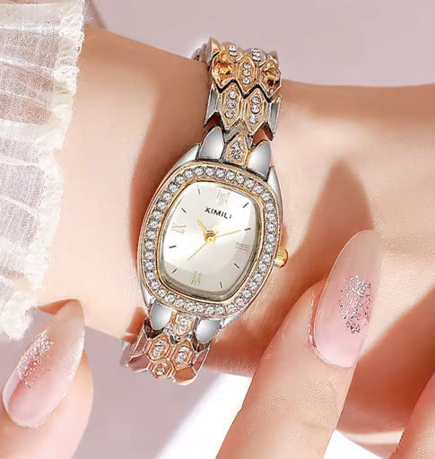 Montre rectangulaire pour femmes deux tons