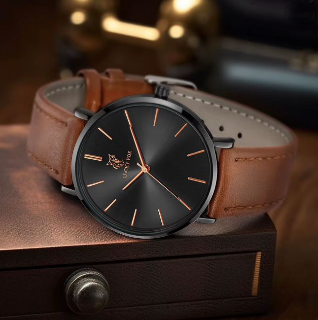 Montre unisexe (Hommes et femmes - Bracelet de cuir brun - Cadran noir - Lucky Fox