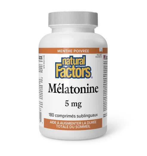 Mélatonine 5mg - Aide à augmenter la durée totale du sommeil - Natural Factors - 180 comprimés sublinguaux - Menthe Poivrée