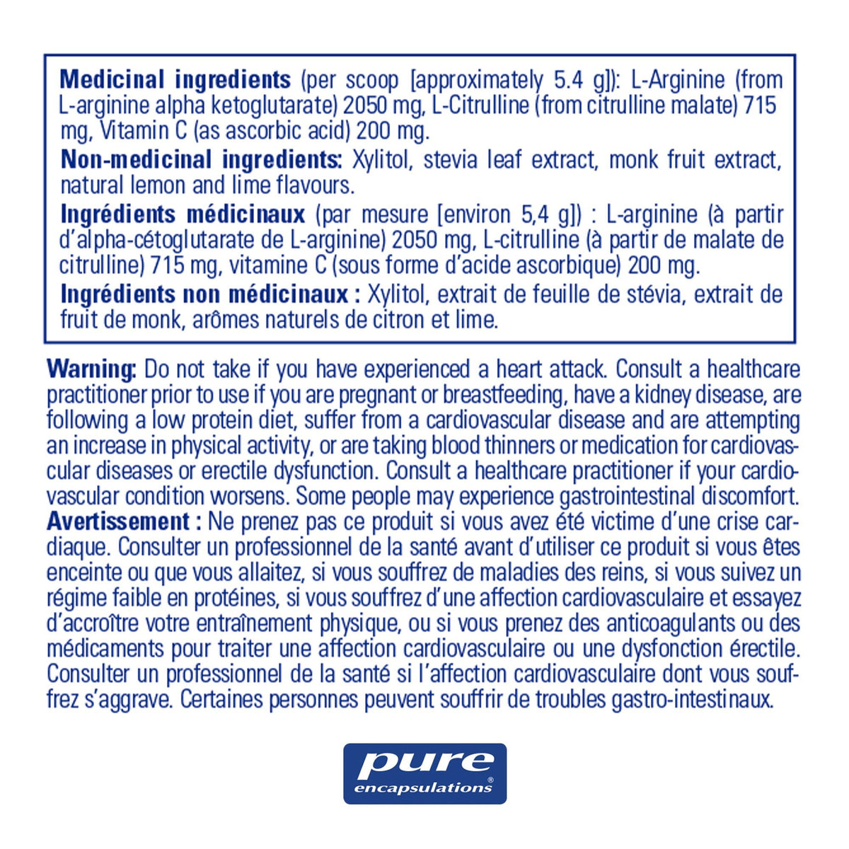 Nitric Oxyde Support - Support oxyde nitrique et santé cardiovasculaire - Pure Encapsulations - 162 g (poudre)