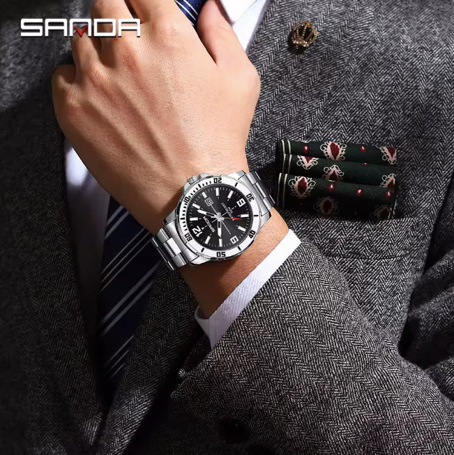 Montre pour hommes avec bracelet d'acier inoxydable argent - Fond Bleu - Sanda