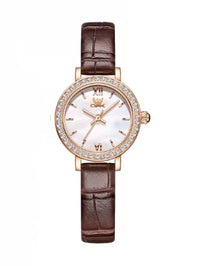 Montre de cuir brun pour femmes, petite et délicate, or rose