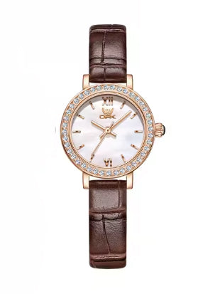 Montre de cuir brun pour femmes, petite et délicate, or rose