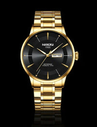 Montre pour hommes bracelet or, fond noir - Nibosi