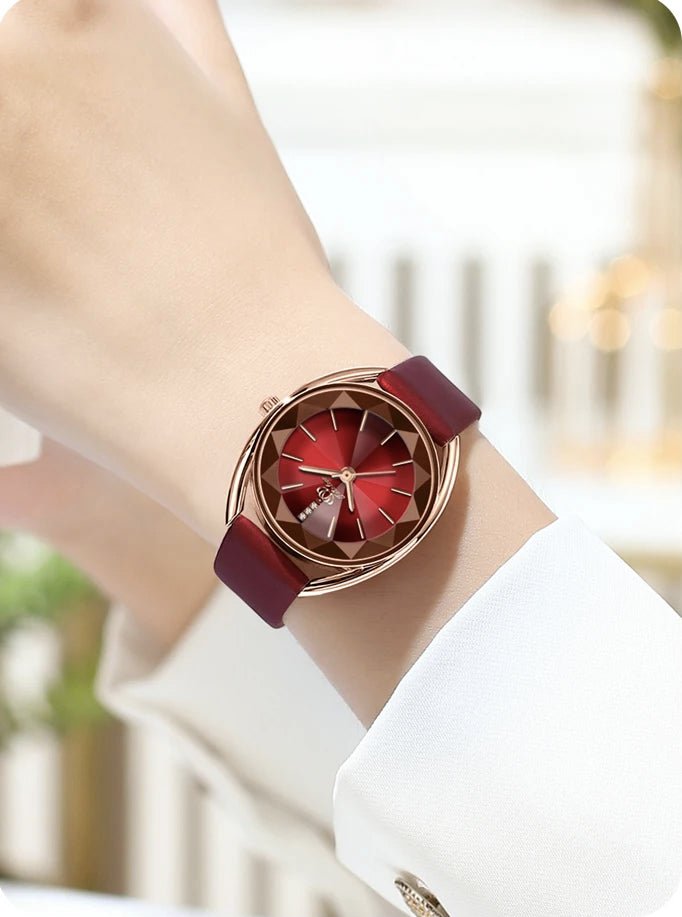 Montre pour femmes avec bracelet de cuir bourgogne - Élégance
