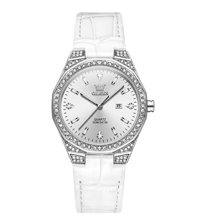 Montre mode bling pour femmes bracelet cuir blanc - OLEVS
