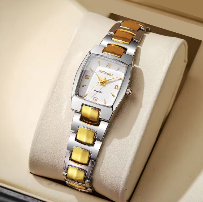 Montre pour femmes rectangle deux tons