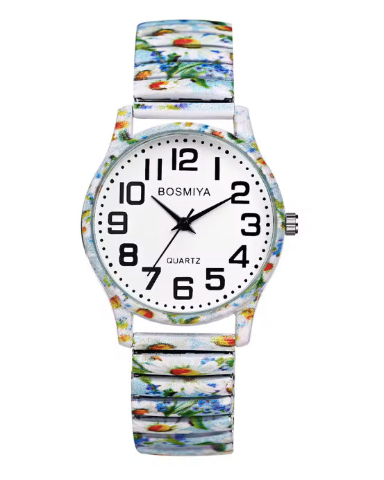 Montre estivale fleurie pour femmes, bracelet extensible