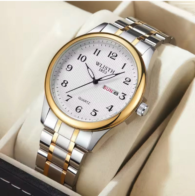 Montre pour hommes bracelet en acier inoxydable deux tons avec jour et date