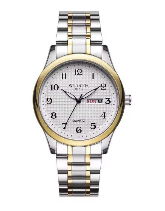 Montre pour hommes bracelet en acier inoxydable deux tons avec jour et date