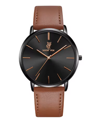 Montre unisexe (Hommes et femmes - Bracelet de cuir brun - Cadran noir - Lucky Fox