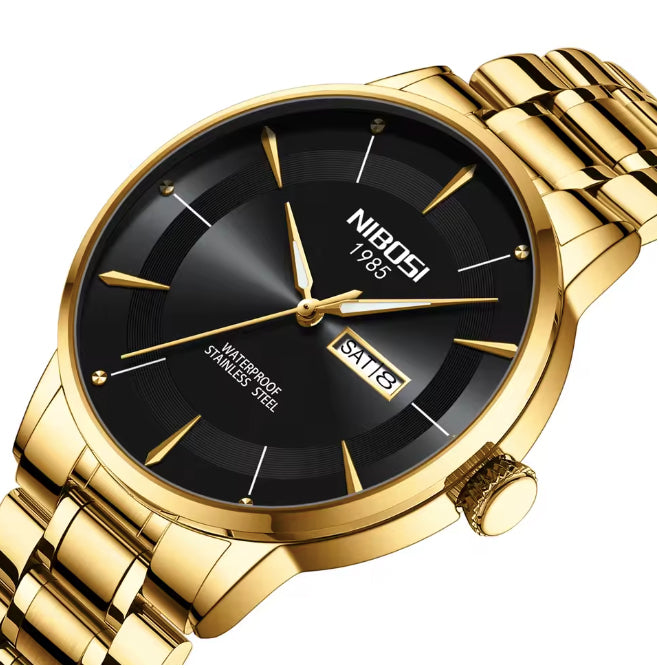 Montre pour hommes bracelet or, fond noir - Nibosi