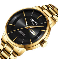 Montre pour hommes bracelet or, fond noir - Nibosi
