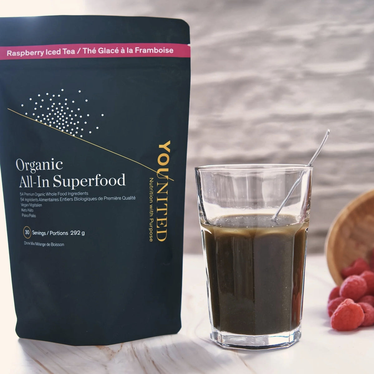 All-in Superfoods - Superaliments verts complets - Thé glacé à la framboise - Younited Wellness - 292g